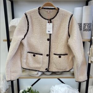 Skies Are Blue Cream Teddy Sherpa Jacket with Brown Trim